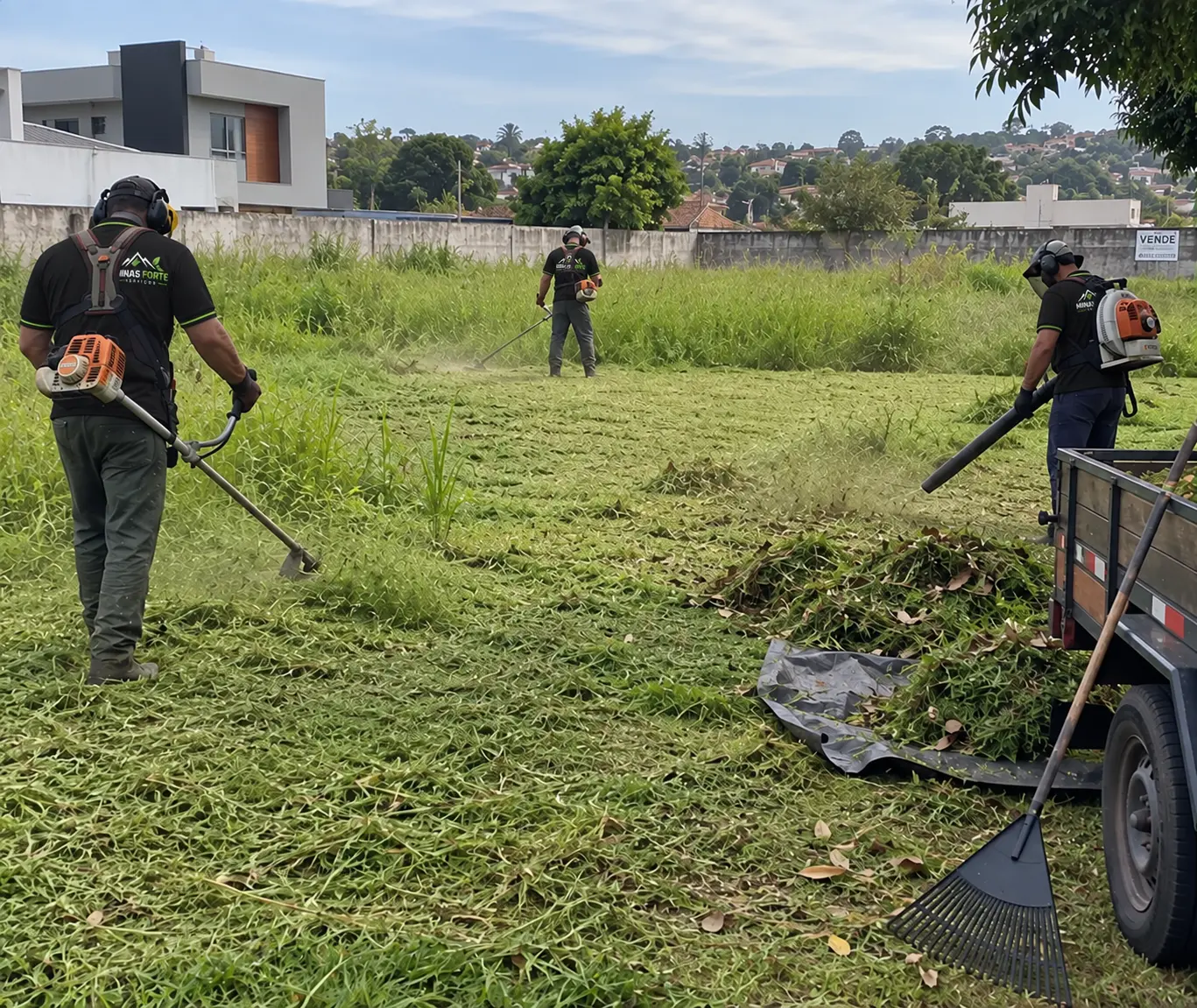 Equipe da Minas Forte realizando roçagem em um terreno de grande extensão.